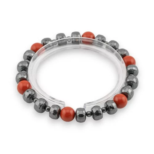 Elastic Bracelet Of Hard Stones 8mm With Hematite Men's Line Red