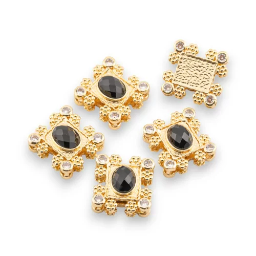 Composant Central Multifils Bronze Avec Pierres Semi-précieuses et Zircons 16x17mm Simple Face 5pcs Onyx Doré