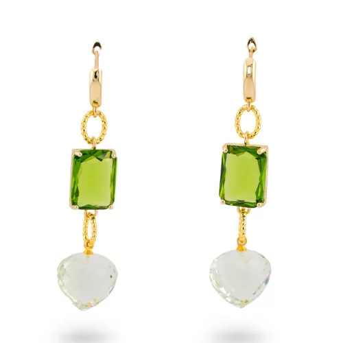 Pendientes De Bronce Con Cristal CZ 16x66mm Verde Dorado