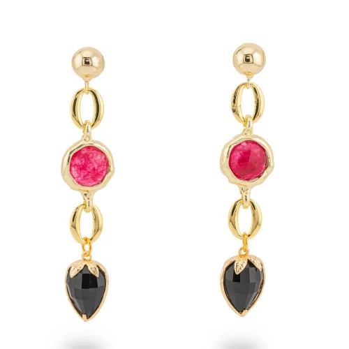 Aretes de bronce con cristales CZ 13x66 mm Rojo Negro