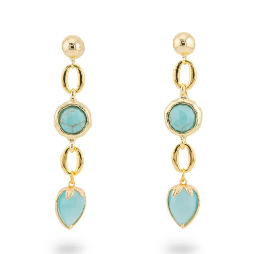 Bronze Stud Earrings With CZ Crystals 13x66mm Turquoise