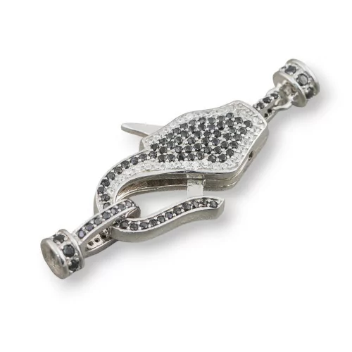 Ασημένιο κούμπωμα 925 με πολύκλωνο Micropave Zircons Snap Hook 16x40mm με κύπελλα 5mm 1 τμχ Ρόδιο Λευκό+Μαύρο