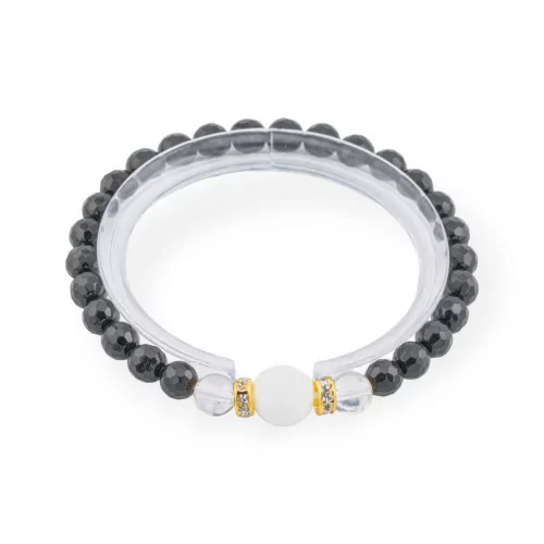 Bracelet élastique Onyx 8 mm avec pierres semi-précieuses et rondelle en laiton cristal de roche