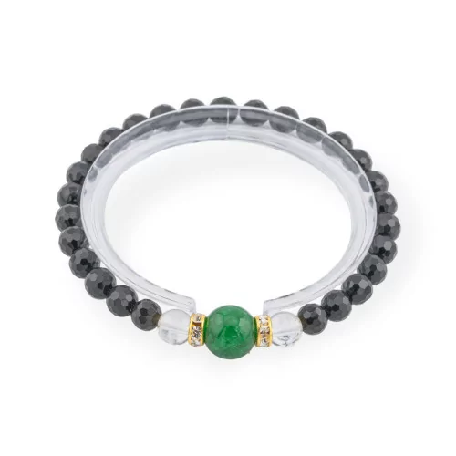 Elastic Bracelet Onyx 8mm with Hard Stones and Brass Washers Green Jade