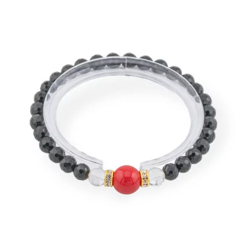 Elastic Bracelet Of Onyx 8mm With Hard Stones And Brass Washers Red Mallorca Pearls