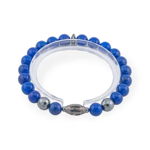 Elastic Bracelet Of Hard Stones 8mm With Hematite And Diamond Cendrale Men's Line Blue Jade