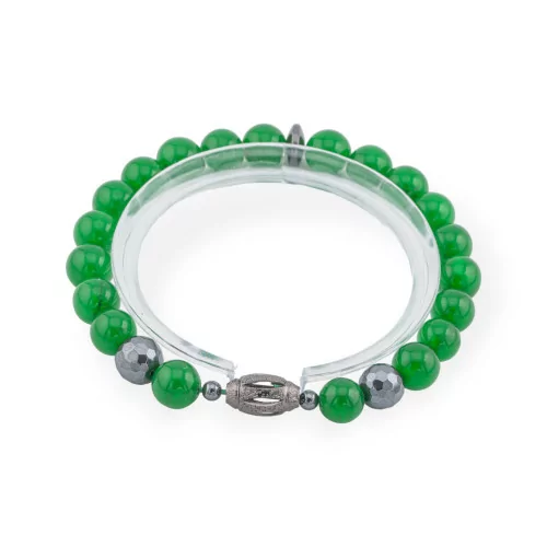 Pulsera Elástica De Piedras Semipreciosas De 8mm Con Hematites Y Diamantes Jade Verde Cendral Línea Hombre