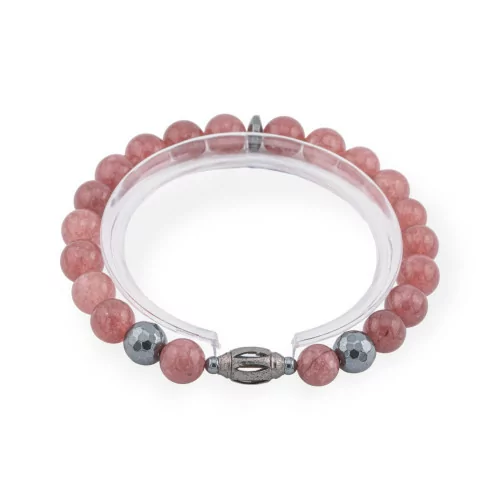 Bracelet élastique de pierres semi-précieuses de 8 mm avec hématite et diamant Cendral Strawberry Quartz Ligne Homme