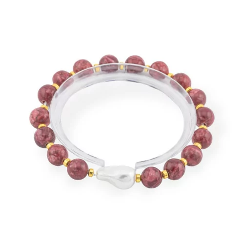 Pulsera Elástica de Piedras Semipreciosas 8mm con Perla Barroca Mallorquina y Jaspe Rojo Dorado