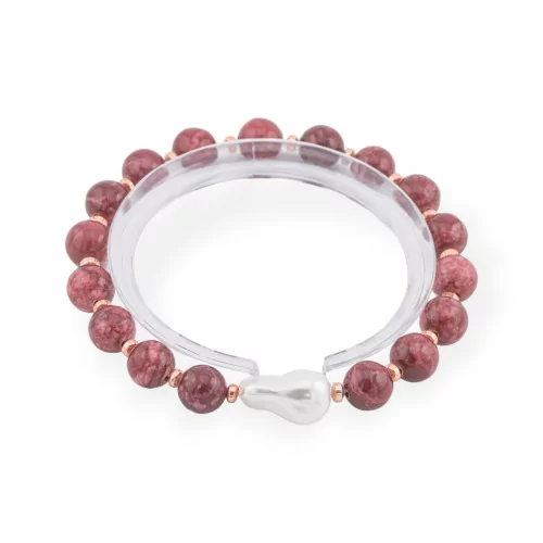 Bracelet élastique de pierres semi-précieuses 8mm avec perle baroque majorquine jaspe rouge or rose