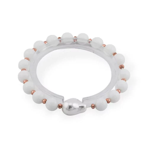 Bracelet élastique de pierres semi-précieuses 8mm avec perle baroque majorquine Jade blanc or rose