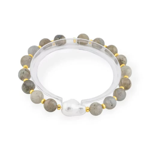 Elastic Bracelet Of 8mm Hard Stones With Baroque Majorca Pearl Labradorite Gold