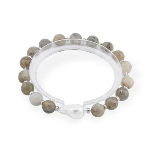 Elastic Bracelet Of 8mm Hard Stones With Baroque Majorca Pearl Labradorite Rhodium Plated