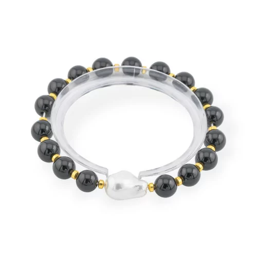 Bracelet élastique de pierres semi-précieuses de 8 mm avec perle baroque de Majorque sur onyx doré