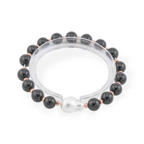 Elastic Bracelet Of 8mm Hard Stones With Baroque Mallorca Pearl Onyx Rose Gold