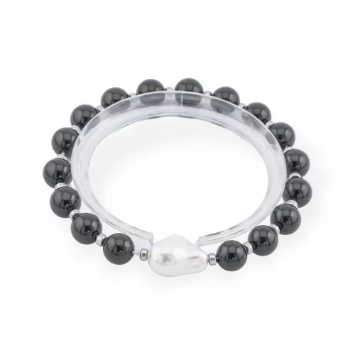 Bracelet élastique de pierres semi-précieuses de 8 mm avec perle baroque majorquine en onyx rhodié