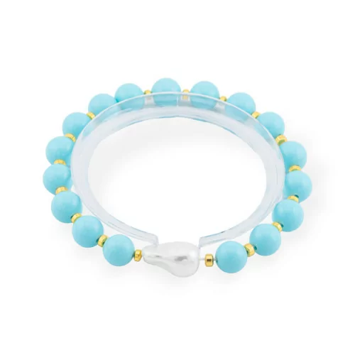 Bracelet élastique de pierres semi-précieuses de 8 mm avec perle baroque de Majorque en pâte de turquoise dorée