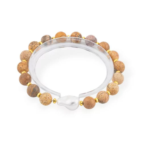 Elastic Bracelet Of 8mm Hard Stones With Baroque Majorca Pearl Paesina Stone Gold