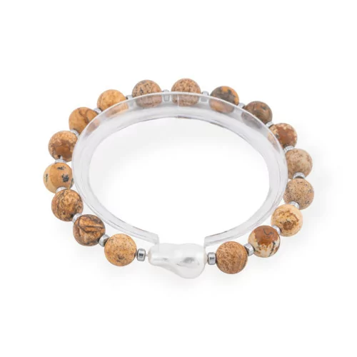 Pulsera Elástica de Piedras Semipreciosas 8mm con Perla Barroca de Mallorca rodiada y Piedra Paesena