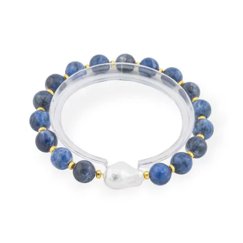 Bracciale Elastico Di Pietre Dure 8mm Con Perla Di Maiorca Barocca Sodalite Dorato