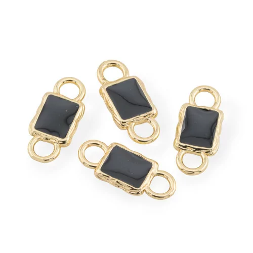 Enamelled Bronze Connector Component Rectangle With 2 Jump Rings 11x26mm 14pcs Gold Black