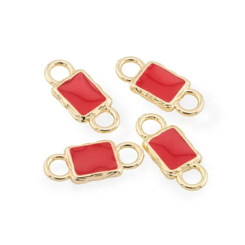 Enamelled Bronze Connector Component Rectangle With 2 Jump Rings 11x26mm 14pcs Gold Red