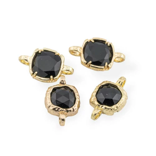 Connector Component Brass With Natural Stones With 2 Jump Rings Square 13mm 8pcs Gold Black