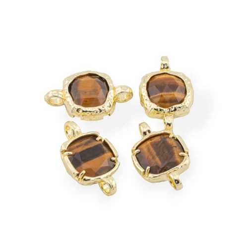 Conector de componente de latón con piedras naturales con 2 anillos cuadrados de 13 mm, 8 piezas de ojo de tigre dorado