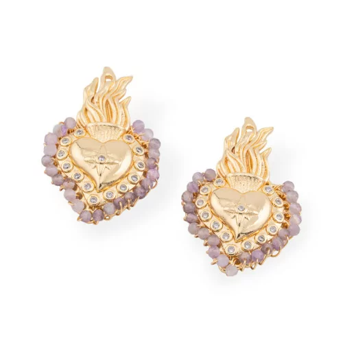 Multi-strand Bronze Central Component With Hard Stones And Zirconia 18x30mm 4pcs Gold Plated CZ Light Amethyst