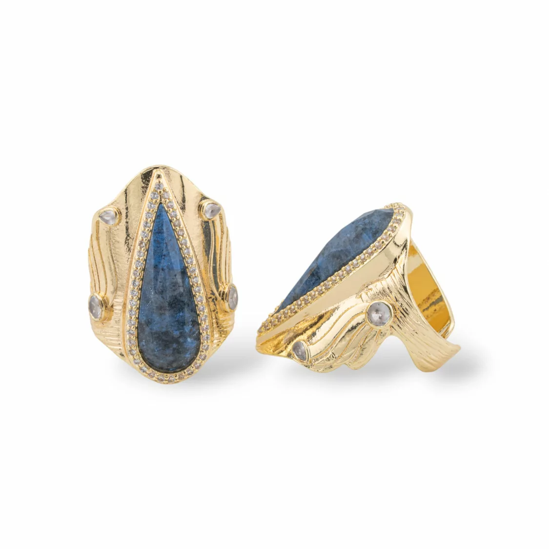 Anello Di Bronzo Con Pietre Naturali E Zirconi 23x36mm Misura Regolabile Dorato Sodalite-ANELLI BRONZO E OCCHIO DI GATTO | Worldofjewel.com