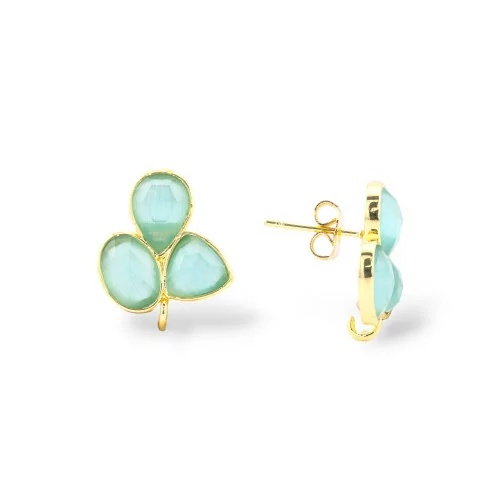 Brass Earring Backs Studs With Cat's Eye Cabochon Set 17x17mm 3 Pairs Gold Aqua