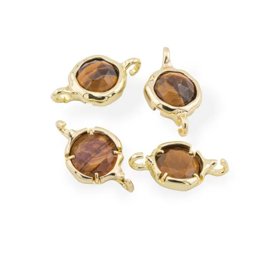 Connector Brass Component With Natural Stones With 2 Jump Rings Round 13mm 8pcs Golden Tiger Eye