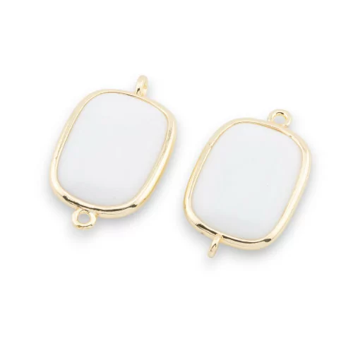 Connector Brass Component With Cat's Eye Rectangle 16x21mm With 2 Jump Rings 8pcs White Agate