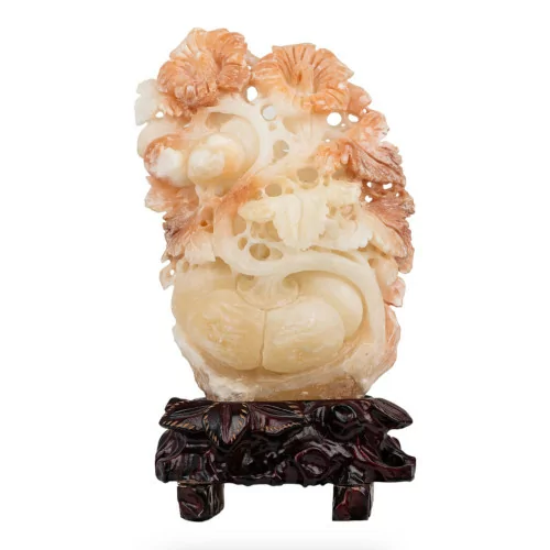 Statue – Calcit-Blumen und -Früchte mit handgraviertem Holzsockel, 33 x 20 cm, COD 81248