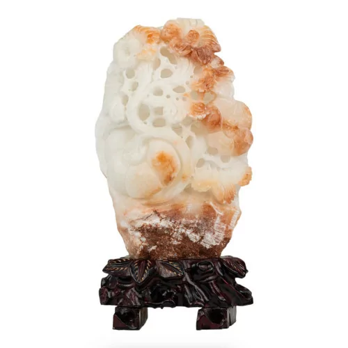 Statue - Flowers and Fruits of Calcite with Hand Engraved Wooden Base 36x19cm COD 81249