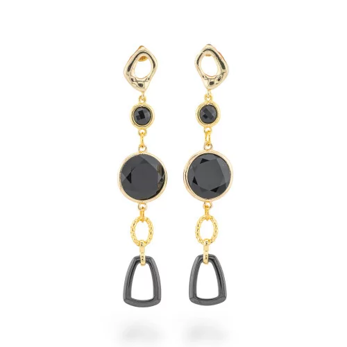 Pendientes de Bronce con Ojo de Gato y Cristales CZ con Cerámica 16x75mm Dorado Negro