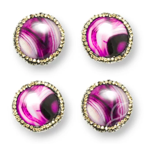 Marcassite Strass Perles de Strass Agate Rayée Fuchsia Plat Rond 22mm 6pcs