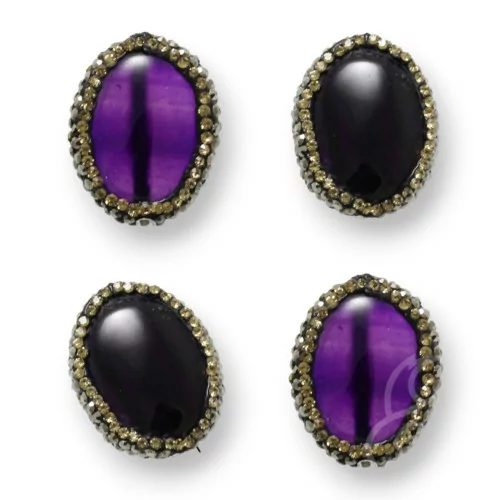 Fil de perles en marcassite avec agate striée violette ovale plat 18x24mm 6pcs