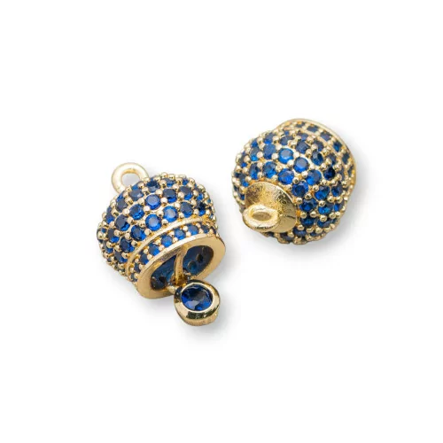 Componente colgante de bronce Campanas llamando ángeles con pavé de circonitas multicolores 8 mm 6 piezas Zafiro azul dorado