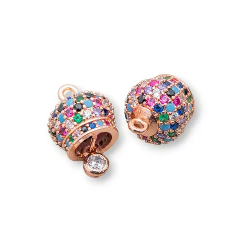 Componente colgante de bronce Campanas llamando ángeles con pavé de circonitas multicolores 8 mm, 6 piezas en oro rosa mixto