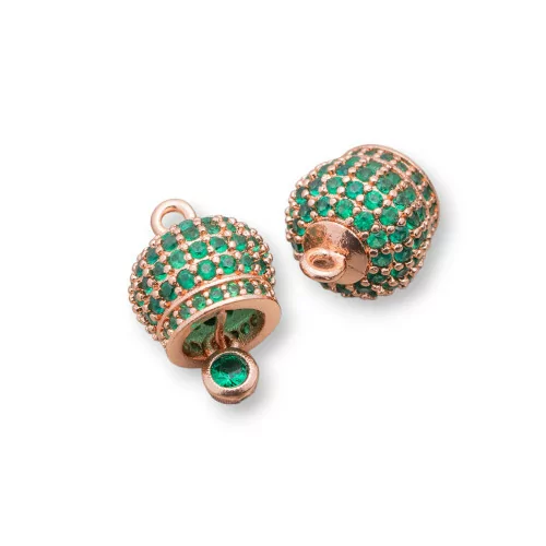 Χάλκινο μενταγιόν Συστατικό Bells Calling Angels With Multicolor Pavè Zircons 8mm 6τμχ Rose Gold Emerald Green