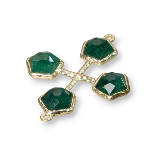 Connecteur de Composant en Laiton avec Oeil de Chat Intégré dans une Croix avec 2 Anneaux 32x40mm 4pcs Vert Jade