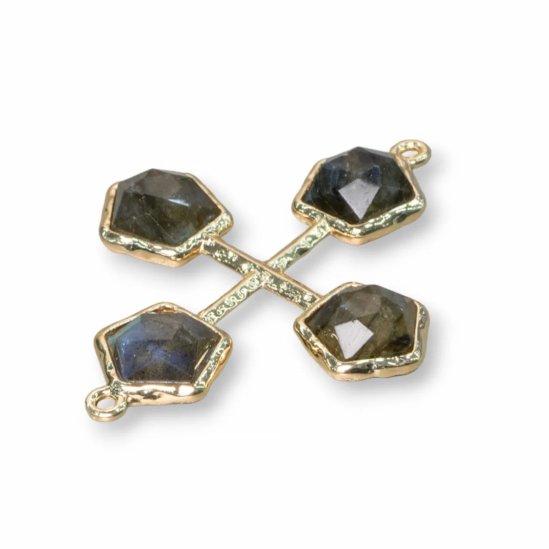 Connettore Componente Di Ottone Con Occhio Di Gatto Incastonati A Croce Con 2 Anellini 32x40mm 4pz Labradorite-CABOCHON BORDATI E INCASTONATI | Worldofjewel.com