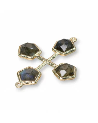 Connettore Componente Di Ottone Con Occhio Di Gatto Incastonati A Croce Con 2 Anellini 32x40mm 4pz Labradorite-CABOCHON BORDATI E INCASTONATI | Worldofjewel.com