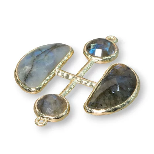 Brass Component Connector With Cat's Eye Set Cross With 2 Jump Rings 36x43mm 4pcs Labradorite