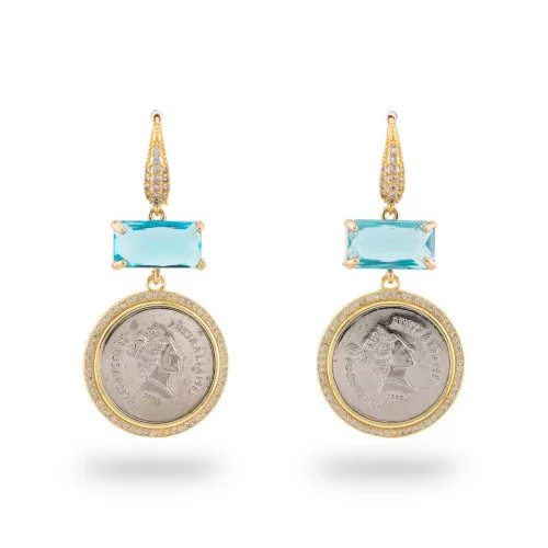 Bronze CZ Crystal Stud Earrings with Aqua Gold Zircon Pendant