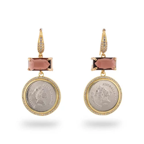 Bronze CZ Crystal Stud Earrings with Zircon Pendant in Gold Wine Red