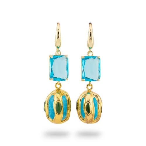 Pendientes de Gancho de Bronce con Cristales CZ y Cuenta Dorada Celeste