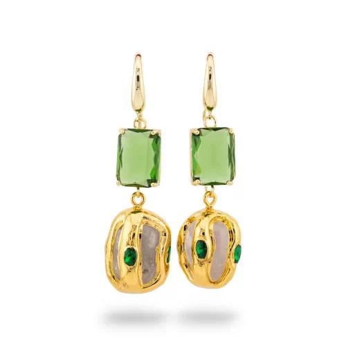 Boucles d'oreilles levier en bronze avec cristaux CZ et perle dorée verte