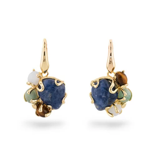 Boucles d'oreilles dormeuses en bronze avec pierres précieuses sodalite serties en or 26x48 mm